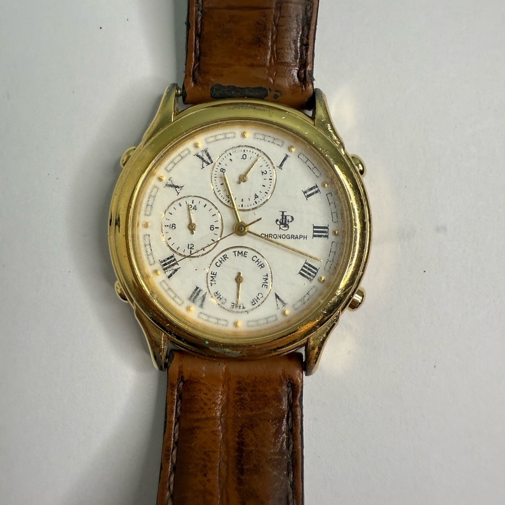 Gold Chronograph Watch with Brown Leather Strap